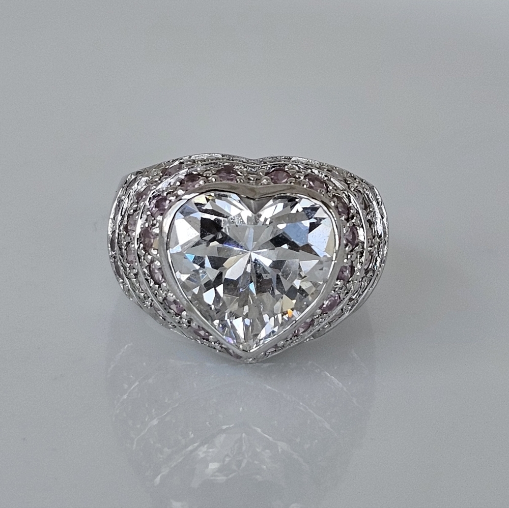 Perfect Heart Shaped Diamond & Pink Sapphire Simulant Ring Sterling Silver Sz 6! - Picture 2 of 6